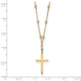14k Tri-color Diamond-cut Beaded Chain with Polished Cross Pendant 17 inch Necklace SF2501
