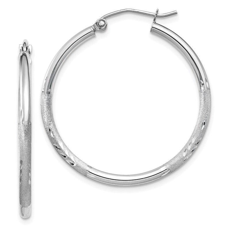 14k White Gold 2x30mm Satin Diamond-cut Round Tube Hoop Earrings TC196
