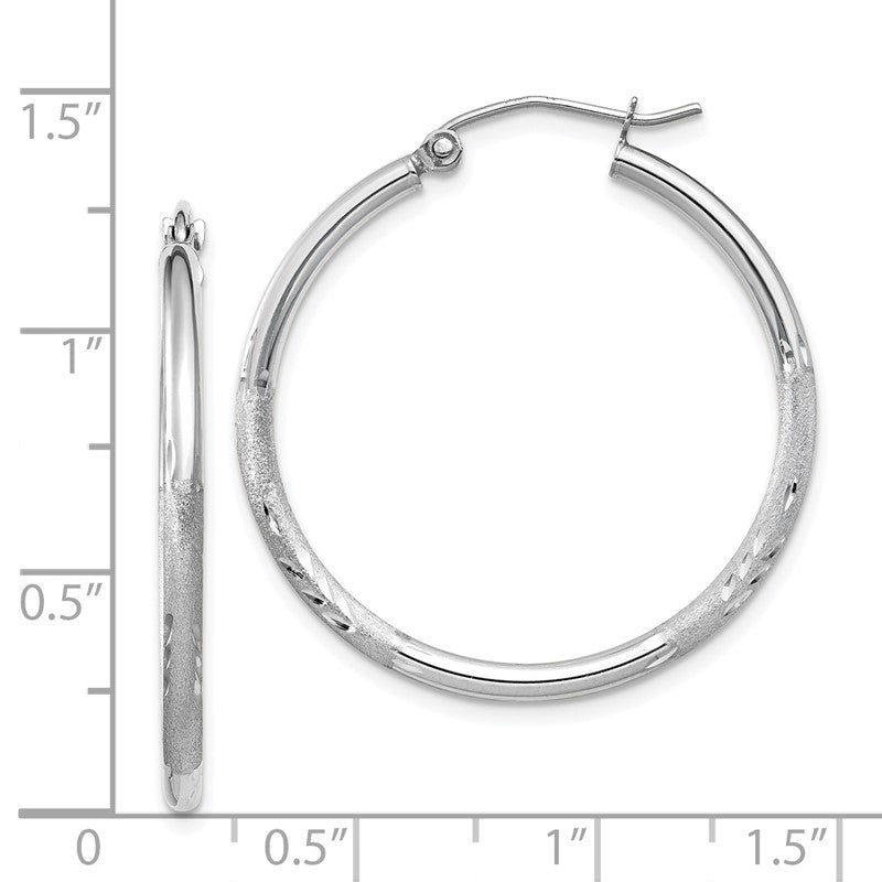 14k White Gold 2x30mm Satin Diamond-cut Round Tube Hoop Earrings TC196