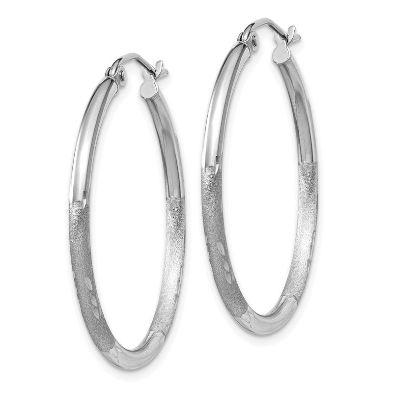 14k White Gold 2x30mm Satin Diamond-cut Round Tube Hoop Earrings TC196