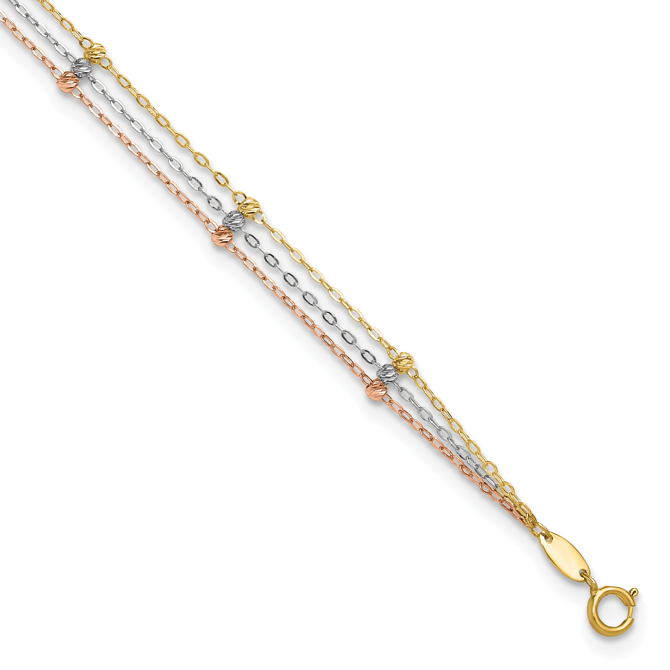 14k Tri-color 3-Strand Diamond-cut Beaded 9-Station 9 inch Plus 1 inch Extender - Total 10 inch Anklet ANK290