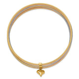 14K Tri-color Polished and Textured with Dangle Heart 7-Strand 11.00mm Slip-on Round Bangle Bracelet DB533