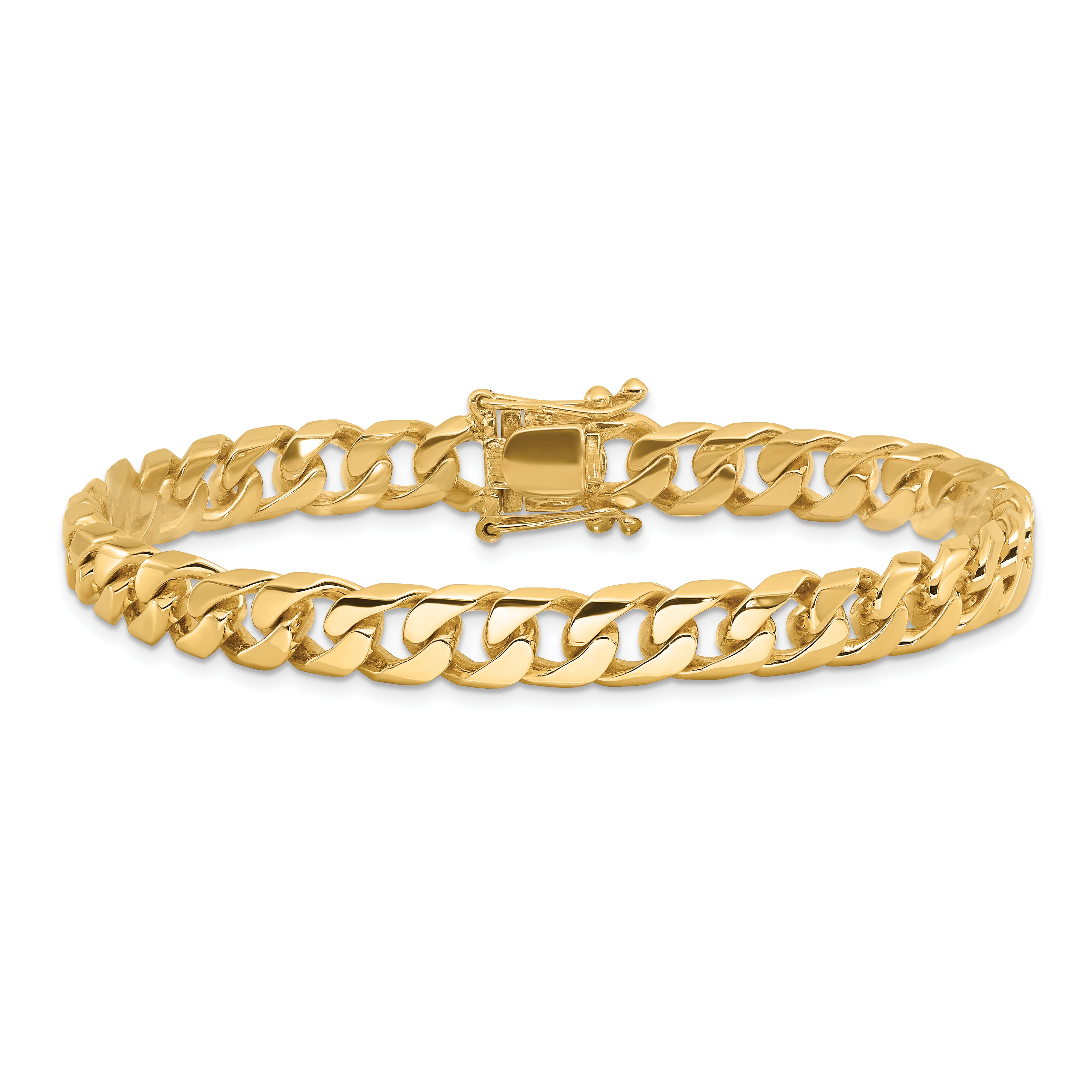 14K 20 inch 7.5mm Hand Polished Flat Beveled Curb Link with Box Catch Clasp Chain LK132