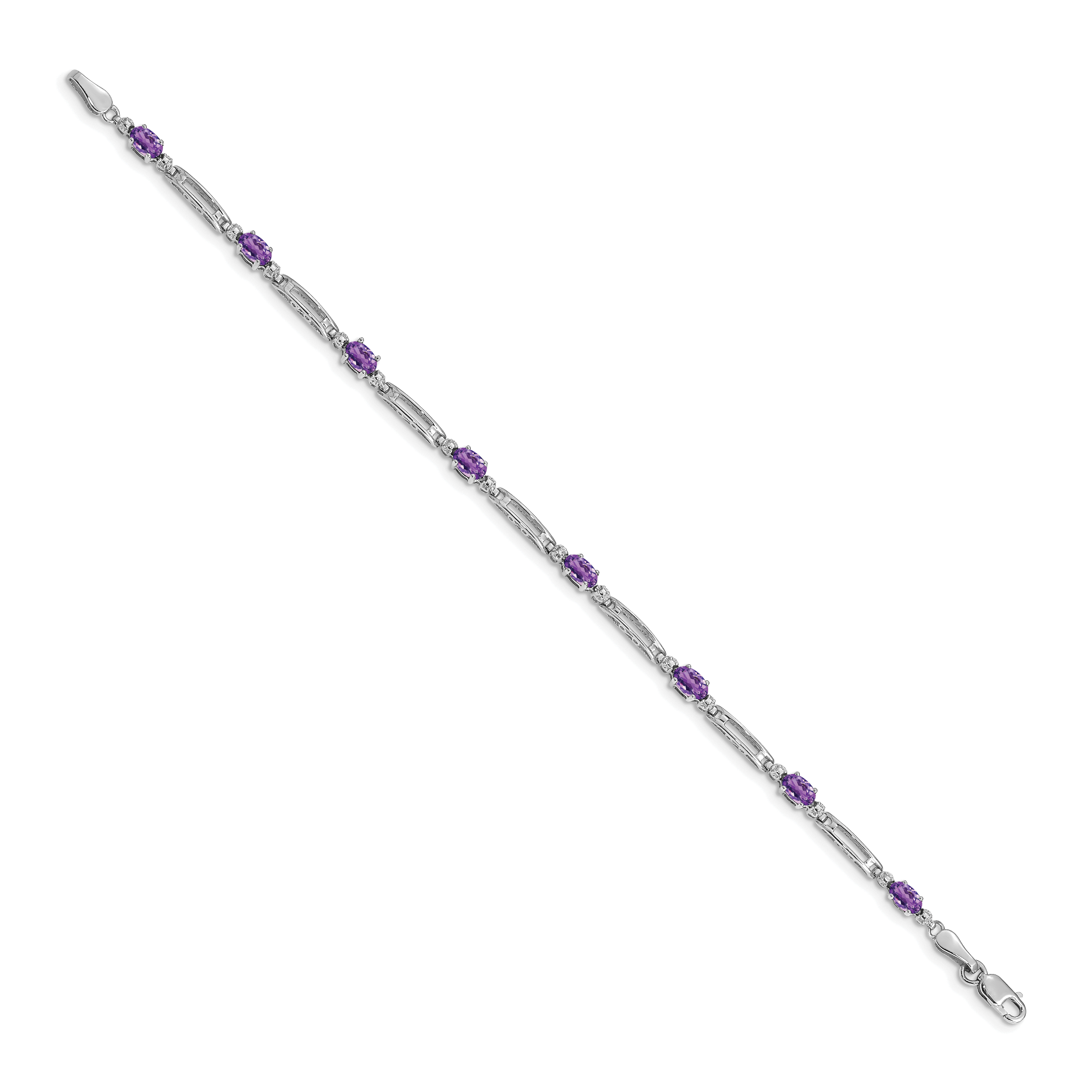 14k White Gold Complete Diamond and Oval Amethyst Fancy Link 7 inch Bracelet BM4492