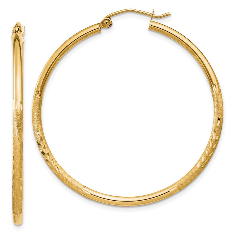 14k 2x40mm Satin Diamond-cut Round Tube Hoop Earrings TC213