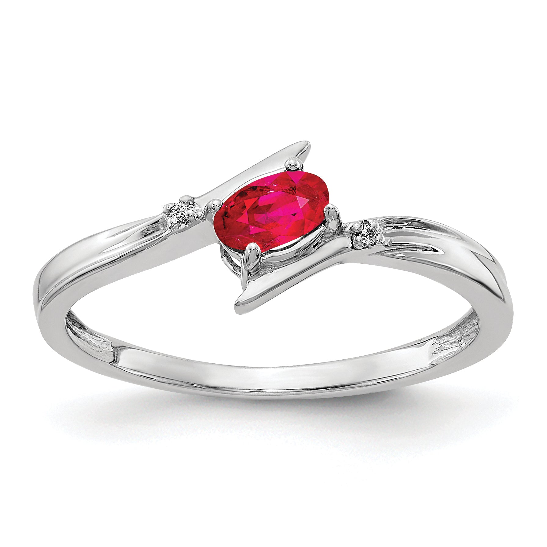 14k White Gold Polished 5x3mm Oval Ruby and Diamond Bypass Ring RM5740