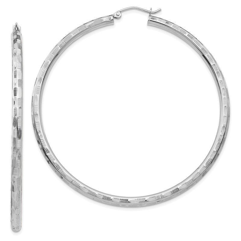 14k White Gold 3x60mm Diamond-cut Tube Hoop Earrings TF630