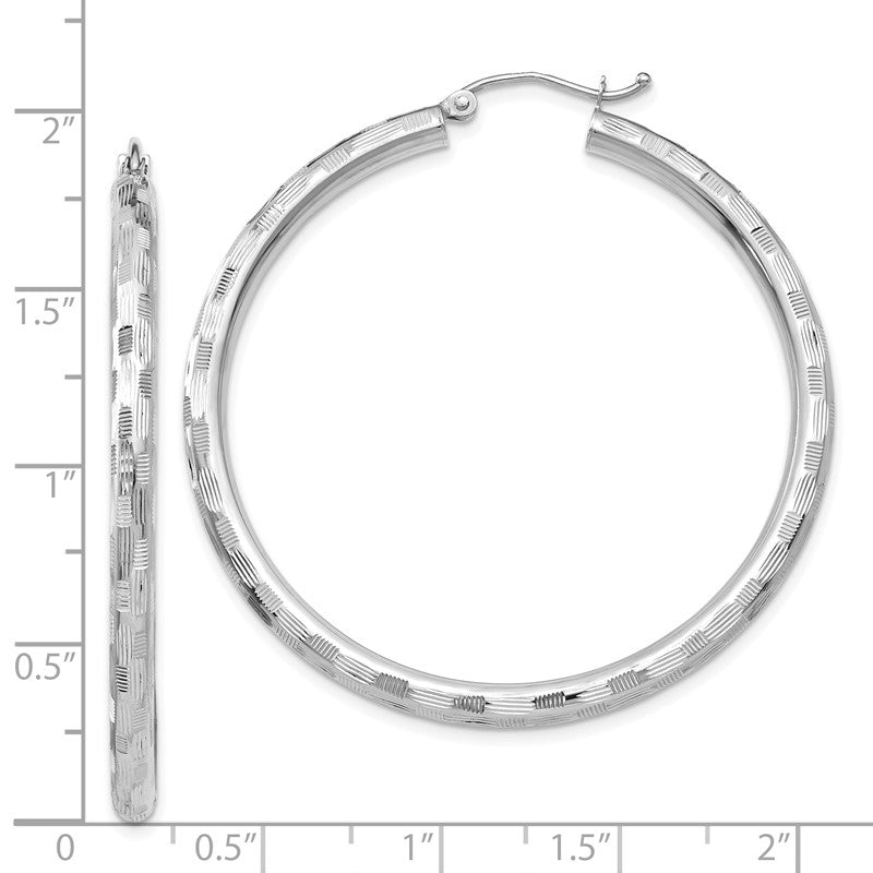 14k White Gold 3x60mm Diamond-cut Tube Hoop Earrings TF630