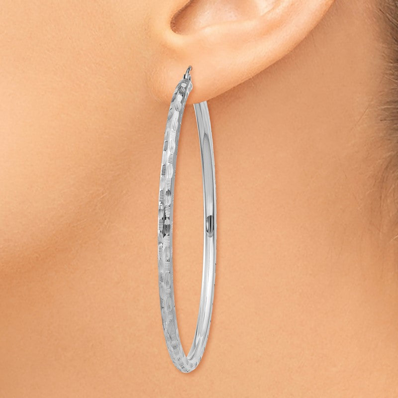 14k White Gold 3x60mm Diamond-cut Tube Hoop Earrings TF630