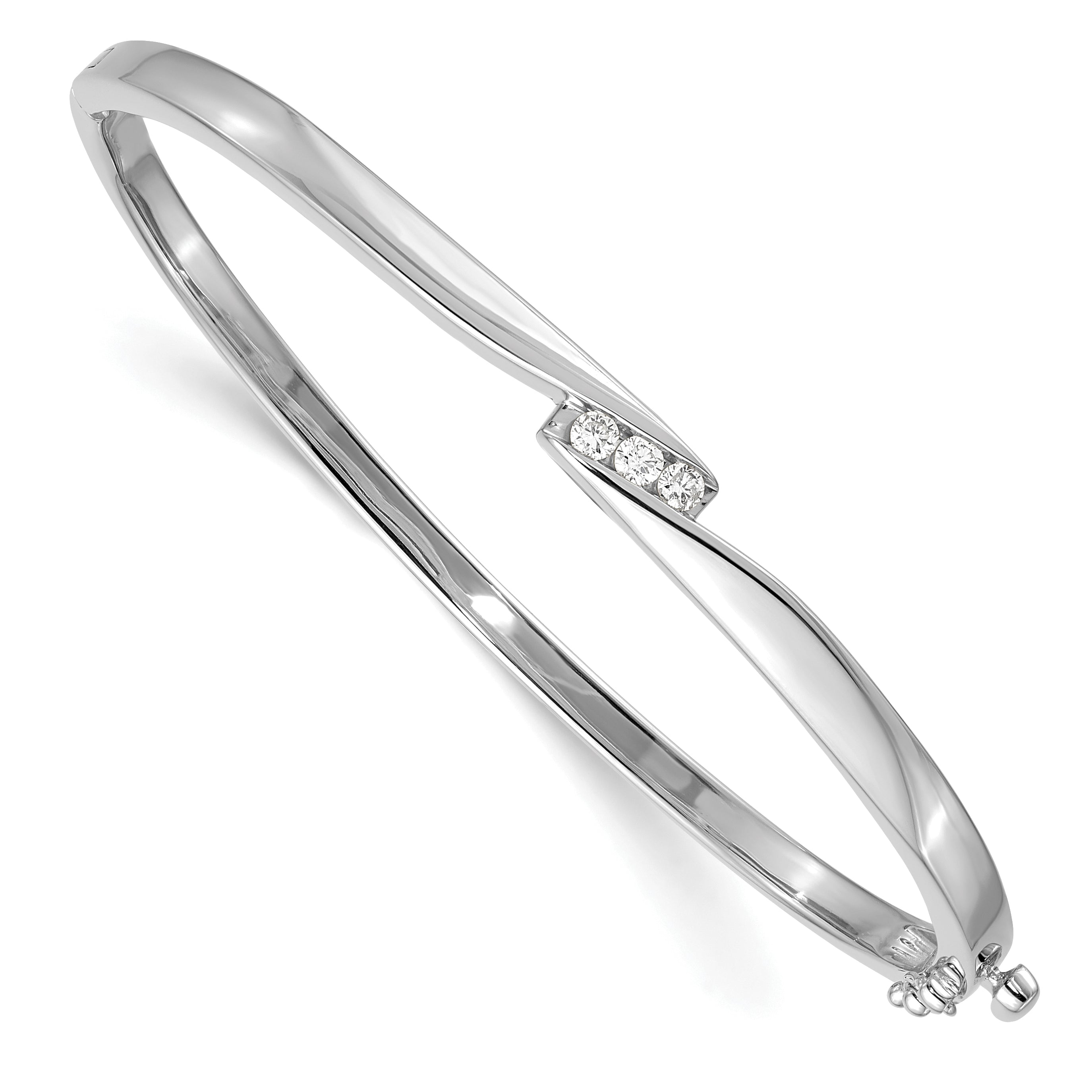 14k White Gold Complete 3-Stone 1/8 carat AAA Diamond Hinged Oval Bangle Bracelet XB82AAA