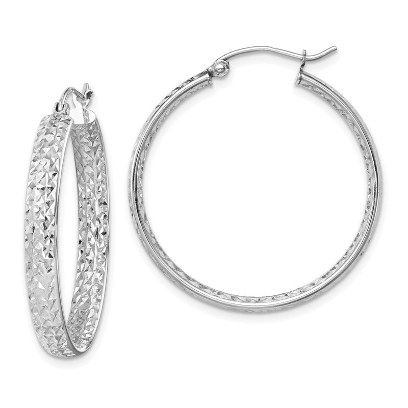 14k White Gold 3.75x30mm Polished Diamond-cut Inside and Out Fancy Tube Hoop Earrings TF1590