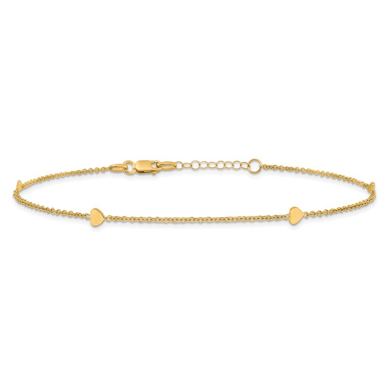 14K Polished Hearts 4-Station 10 inch Plus 1 inch Extender - Total 11 inch Anklet ANK305