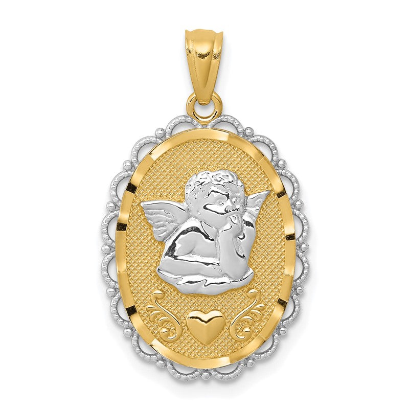 14k and White Rhodium Angel Scalloped Edge Oval Pendant C3972