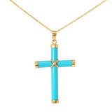 Lady's 14k Yellow Gold Blue Turquoise Cross Pendant - 18" Chain