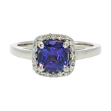 Cushion Cut Tanzanite & Round Diamond Halo Ring in 14K White Gold